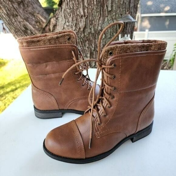 Forever‎ Womens Casual  Warm Lace Up Booties Faux Leather Cognac Size 6.5 - Picture 7 of 16